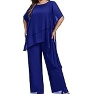 Custom Handmade Blue Chiffon Pant Suit | Women’s Size 18 | Formal 2-Piece Set
